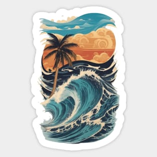 waves palm tree beautiful sunset beach graphic Sticker